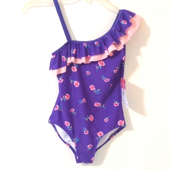 KANU SURF GIRLS PURPLE PINK FLORAL OFF SHOULDER ONE PIECE SWIMSUIT SIZE 12 NWT - Picture 2 of 6